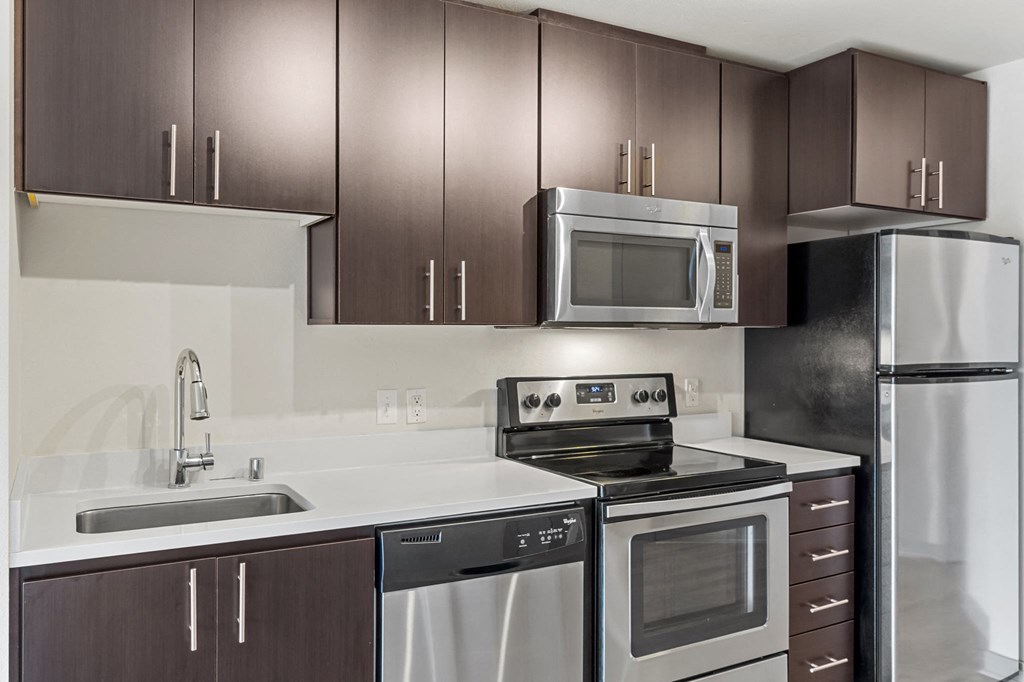 A modern kitchen with dark brown cabinets and stainless steel appliances.