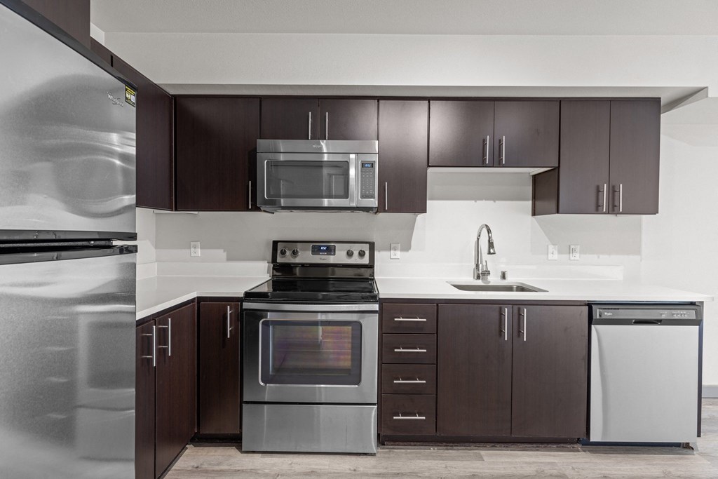 A modern kitchen with dark brown cabinets and stainless steel appliances.