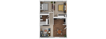 A top-down view of a small apartment with a bedroom, living room, and kitchen.