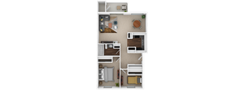 A 3D floor plan of a small apartment with two bedrooms and a living area.