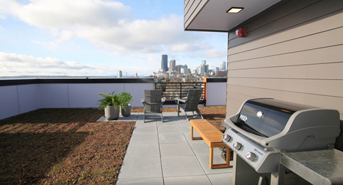 A BBQ grill is on a patio with a view of the city.