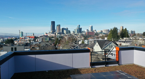 A cityscape with buildings and a clear sky.