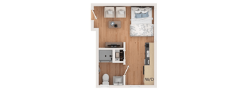 A top-down view of a small bedroom with a bed, nightstand, and a toilet.
