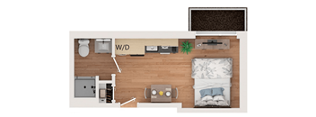 A top-down view of a bedroom with a bed, nightstand, and a plant.