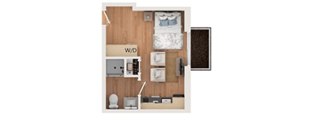 A top-down view of a small apartment layout with a bed, toilet, sink, and other furnishings.
