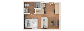 A top down view of a living room with a couch, a coffee table, and a rug.