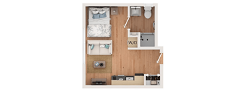 A top-down view of a small apartment with a bed, couch, and kitchenette.