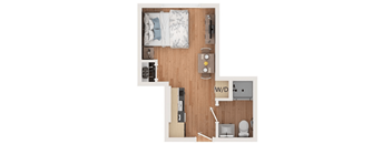 A top down view of a bedroom with a bed, nightstand, and a toilet.
