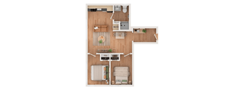 A top-down view of a small apartment layout with a kitchen, living room, and bathroom.