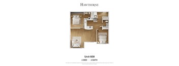 A Hawthorne apartment floor plan shows two bedrooms and two bathrooms.