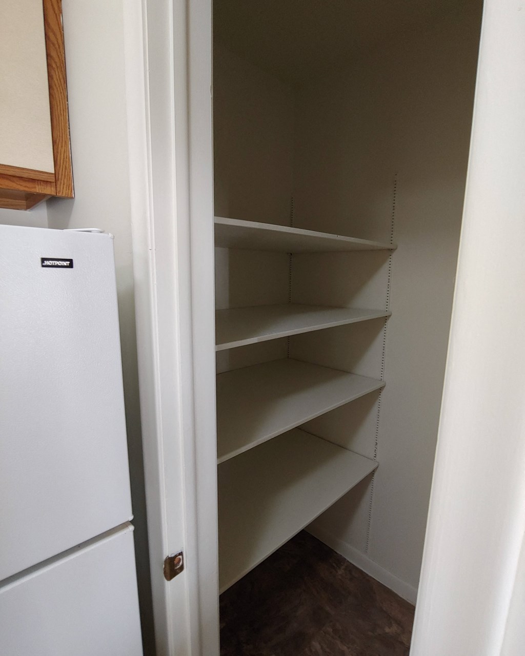 a small closet with shelves and a refrigerator
