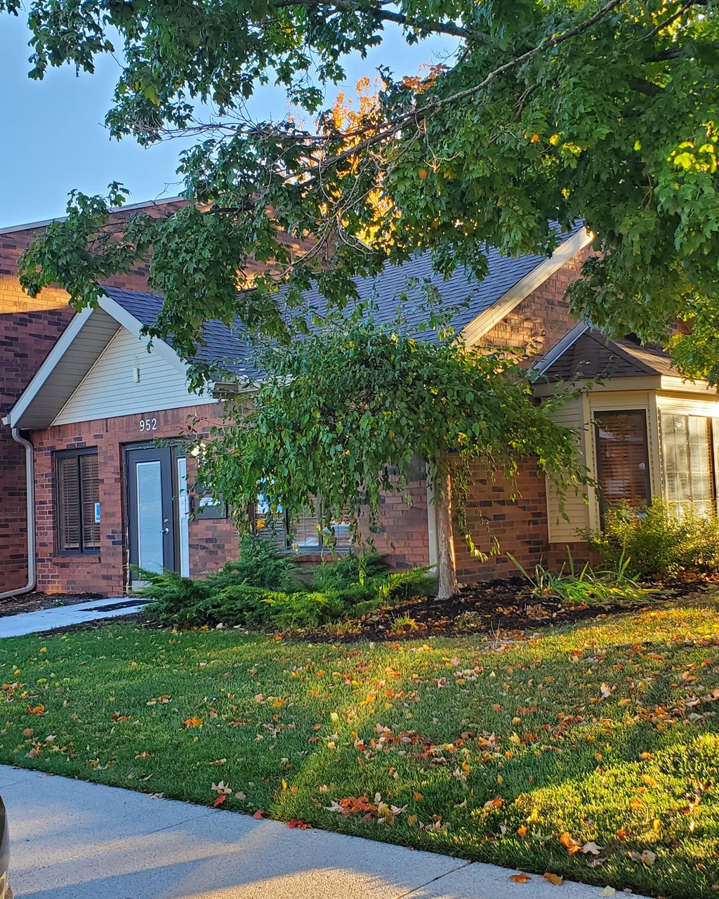 a brick house with a tree in front of it