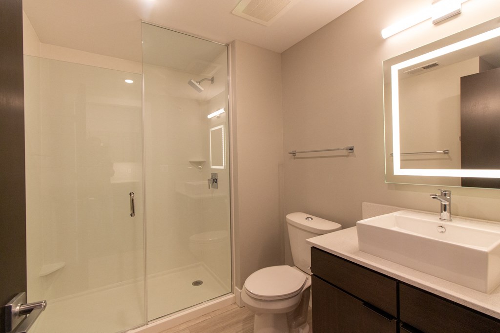 a bathroom with a shower and a sink and a toilet