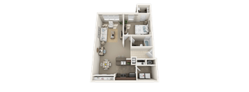 A 3D floor plan of a small apartment with a kitchen, living room, and bathroom.