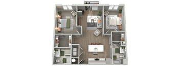 a 3d floor plan of a bedroom with a bathroom and a living room