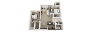 A 3D floor plan of a house layout.