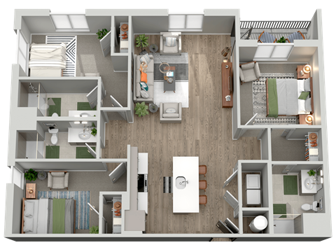 a 3 bedroom floor plan with baths and a closet