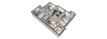 A 3D floor plan of a house with a kitchen, living room, and two bedrooms.
