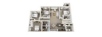 A 3D floor plan of a small apartment with a kitchen, living room, and two bedrooms.