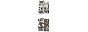 Two images of a house layout with a kitchen, living room, and bathroom.