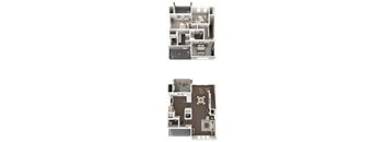 Two floor plans of a house with a kitchen, living room, and bedrooms.