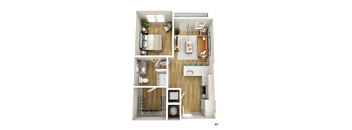 a 3d rendering of a bedroom with a kitchen and a living room