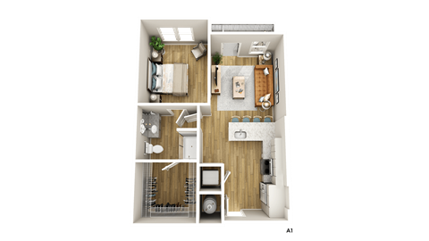 a 3d rendering of a bedroom with a kitchen and a living room
