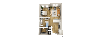 a 3d rendering of a bedroom with a kitchen and a living room