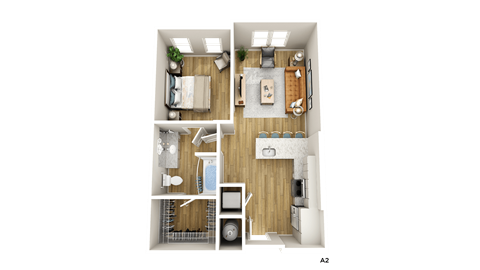 a 3d rendering of a bedroom with a kitchen and a living room