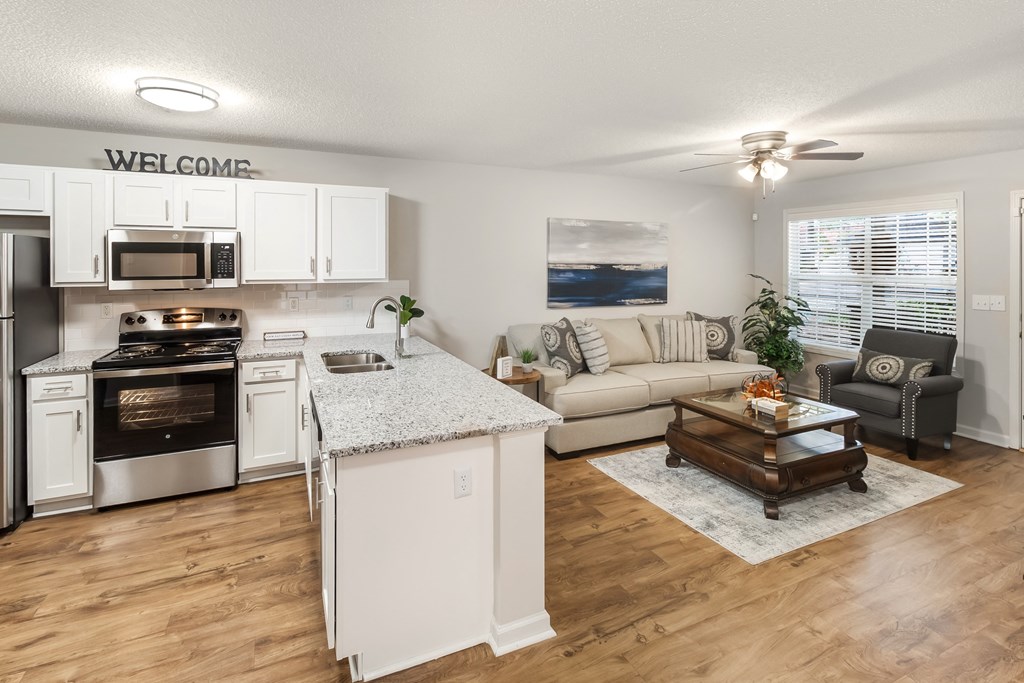 a living room with a kitchen and a couch