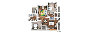 3d furnished floor plan of a 1 bedroom apartment