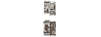 Two images of a house layout with a kitchen, living room, and bathroom.