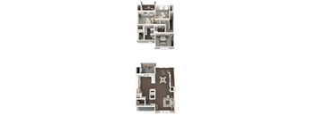 Two images of a house layout with a kitchen, living room, and bedrooms.