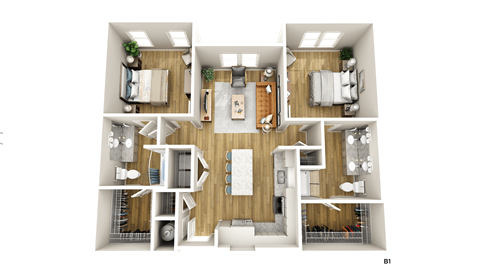 a 3d rendering of a room with a bedroom and a living room