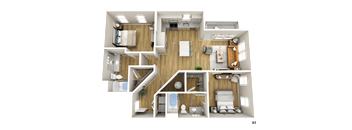 a 3d rendering of a room with a bedroom and a bathroom