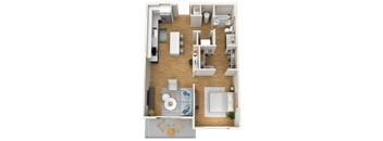 A 3D rendered image of a modern apartment layout.