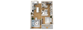 A top-down view of a well-furnished apartment layout.
