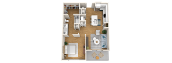 A top-down view of a small apartment layout with a kitchen, living room, and bathroom.