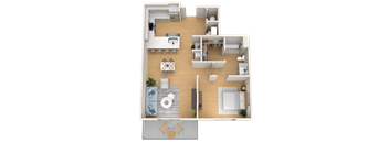 A 3D floor plan of a house showing a living room, kitchen, and bathroom.