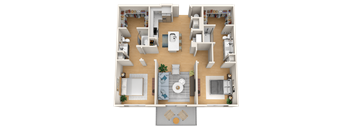 A top-down view of a house layout with a kitchen, living room, and bathroom.