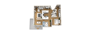 A 3D floor plan of a house showing a kitchen, living room, dining area, and bedrooms.