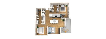 A 3D floor plan of a house with multiple rooms and furniture.