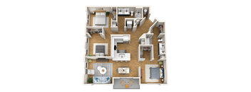 A 3D floor plan of a house showing all the rooms and their furnishings.