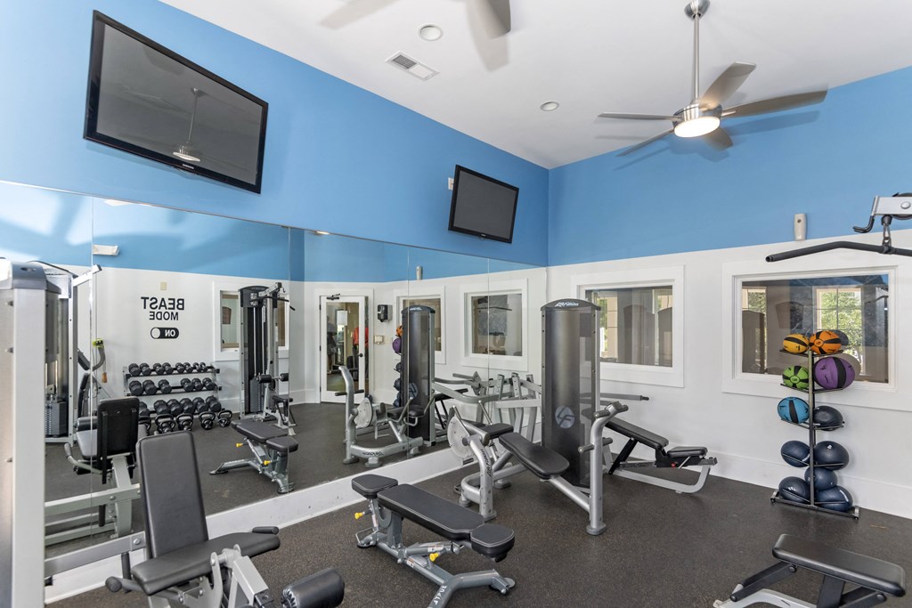a gym with weights and cardio equipment and a tv