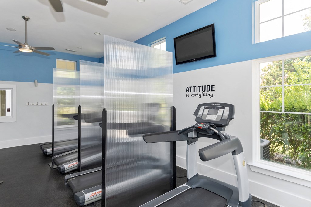 the gym has cardio equipment and a flat screen tv