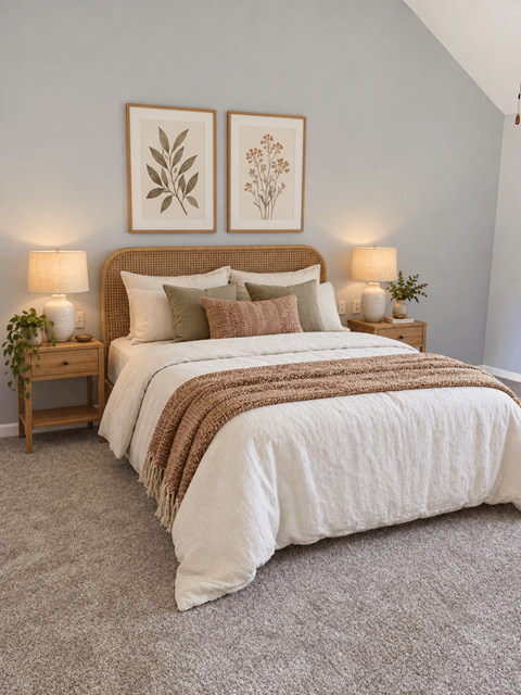 A bedroom with a large bed and two lamps on either side of the bed.