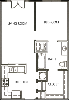 1 Bedroom 1 Bath 615 Sq.Ft. Bourbon Floor Plan at The Orleans of Decatur, Georgia, 30033