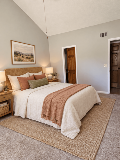A bedroom with a large bed and a painting on the wall.