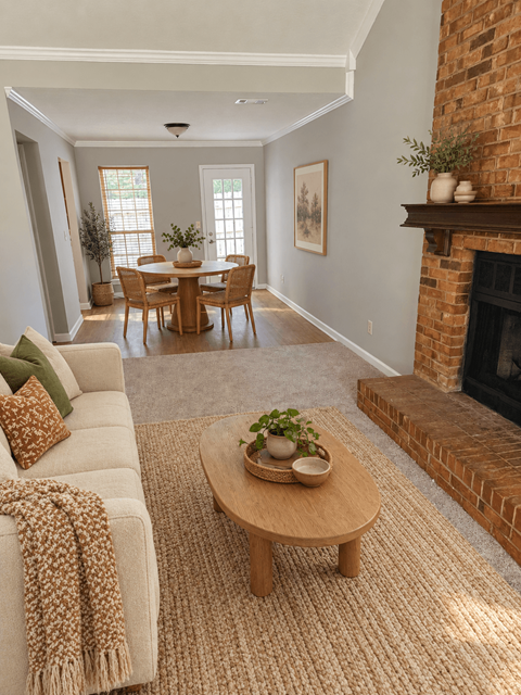 A cozy living room with a fireplace and a dining table.