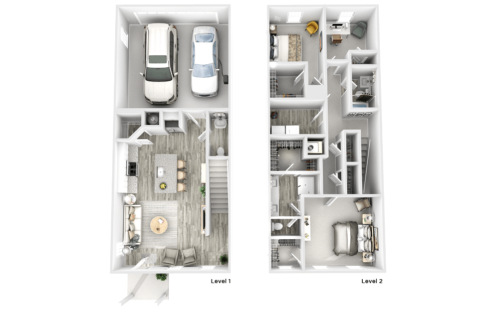 Two images showing a top down view of a house with two levels.